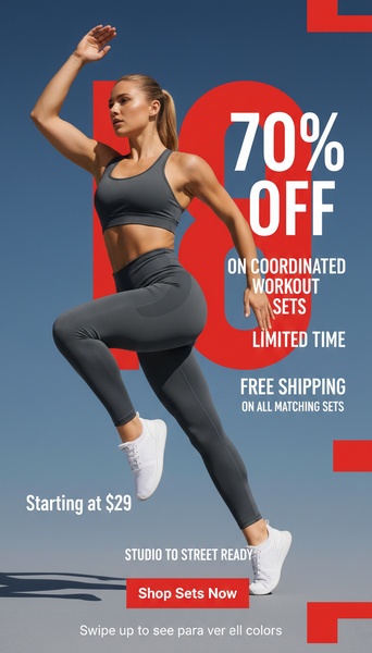 A high-energy, vertical ad creative showcasing a matching workout set on a model in mid-air, emphasizing a 70% off discount and free shipping.